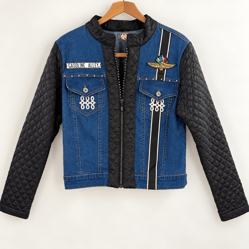 Goldfish Design Bikercore Denim Jacket Women L Racing Nascar Gasoline Alley